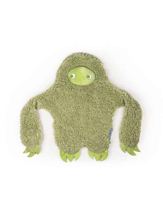 Green plush toy resembling a creature on a white background