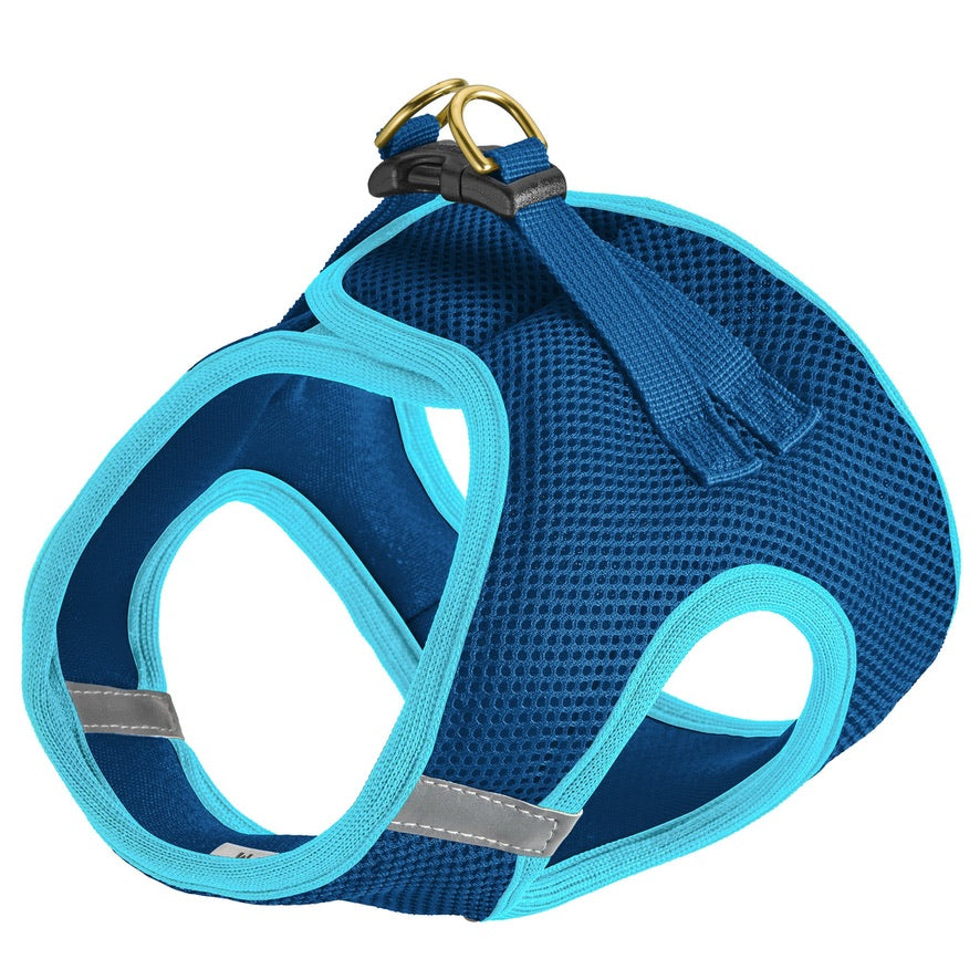Navy/Aqua small dog vest harness against a white backround