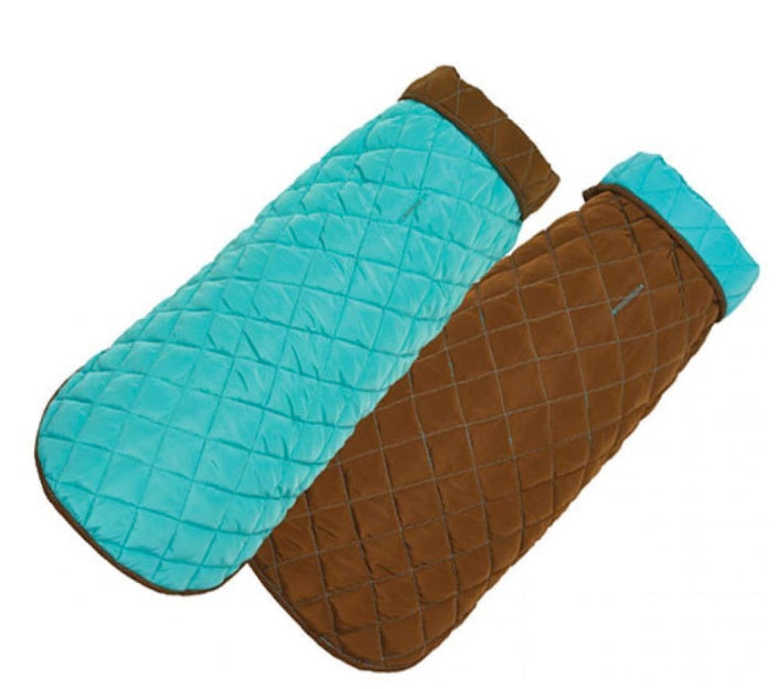 Aqua/brown diamond quilted dog coat on a white backround