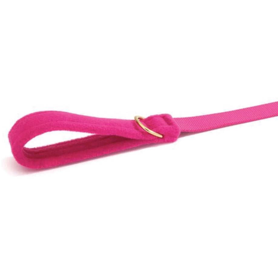 Pink dog leash with a solid brass clasp on a white background