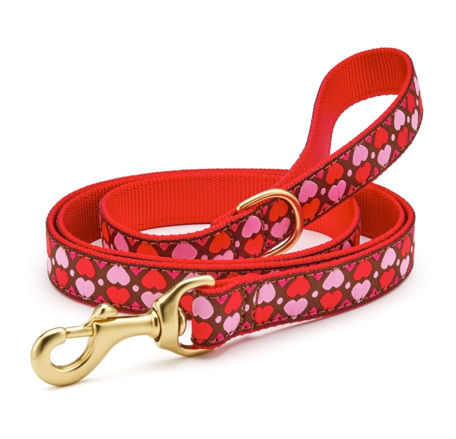 Dog leash with heart pattern and gold clasp on a white background