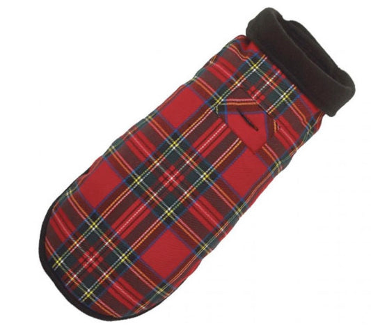 Red plaid dog coat on a white background