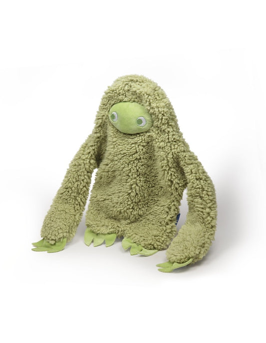 green soft plush toy complete with 3 squeakers against a white backround