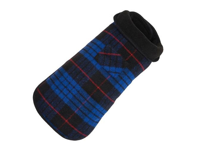 Plaid dog coat with black and blue pattern on a white background