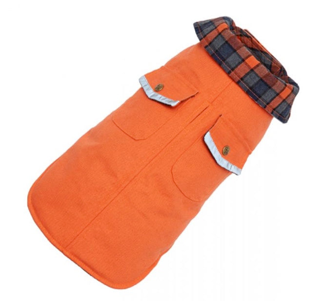 Orange outer coat comes complete with reflective details, a cozy plaid lining, a comfortable fold down collar against a white backround