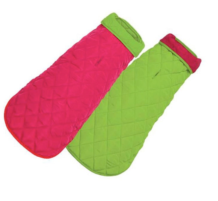 Pink/Lime diamond quilted dog coats against a white backround