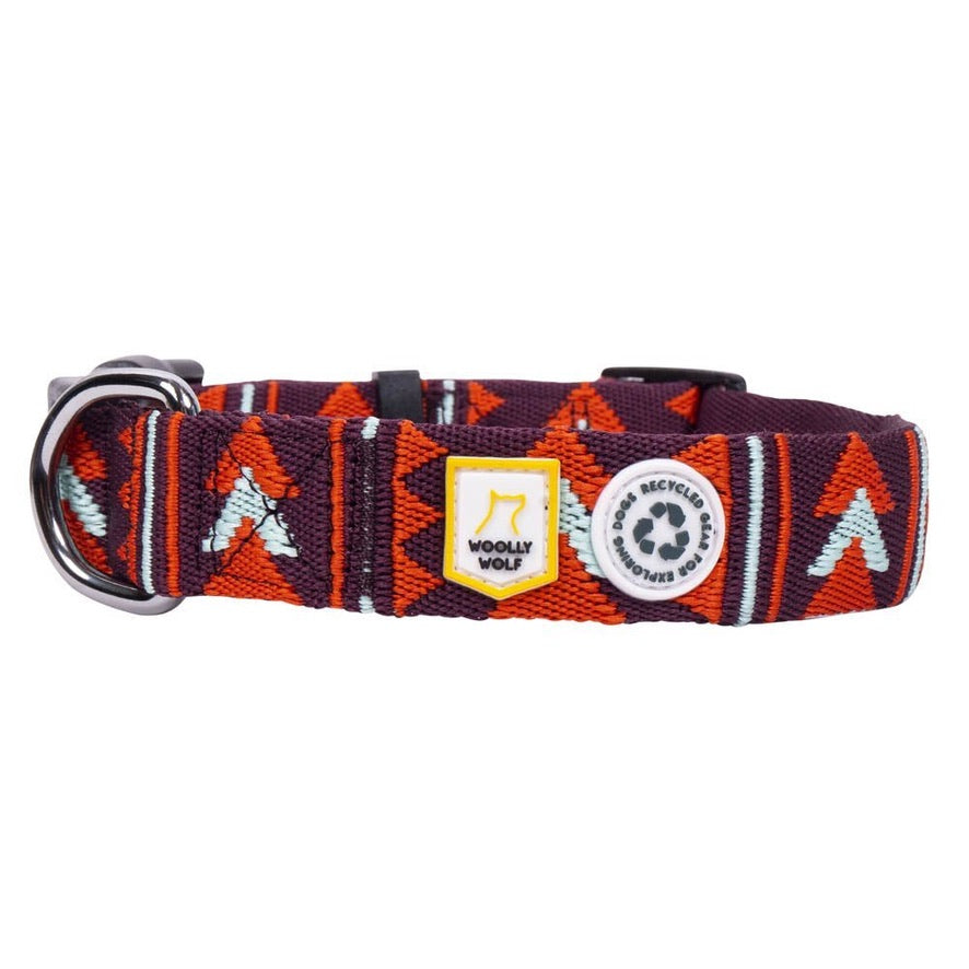 Dog collar with geometric pattern and brand logo on a white background