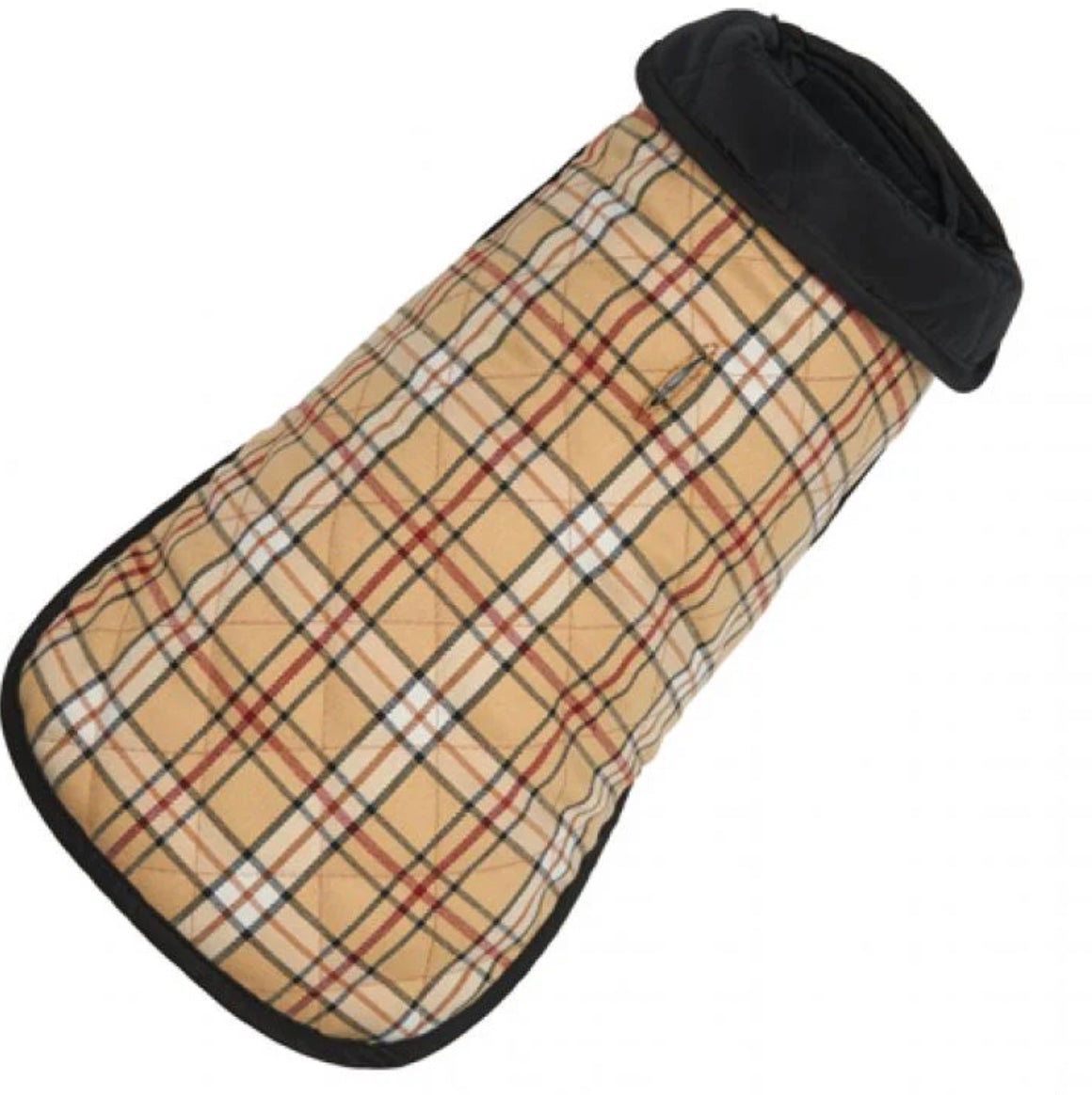 Plaid patterned dog coat with black trim on a white background