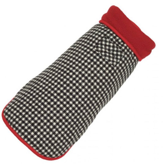 Dog coat with black and white checkered pattern and red trim on a white background