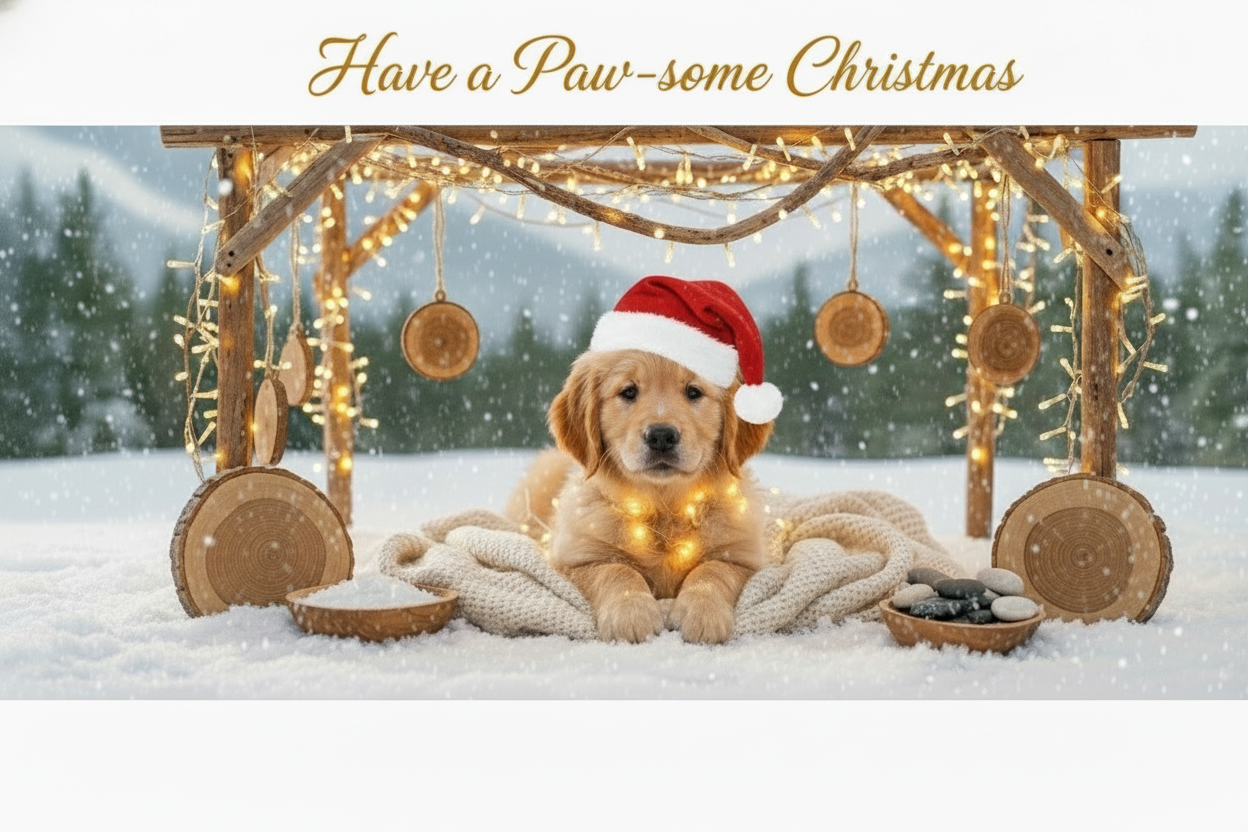 Dog with Santa hat and red text Christmas banner